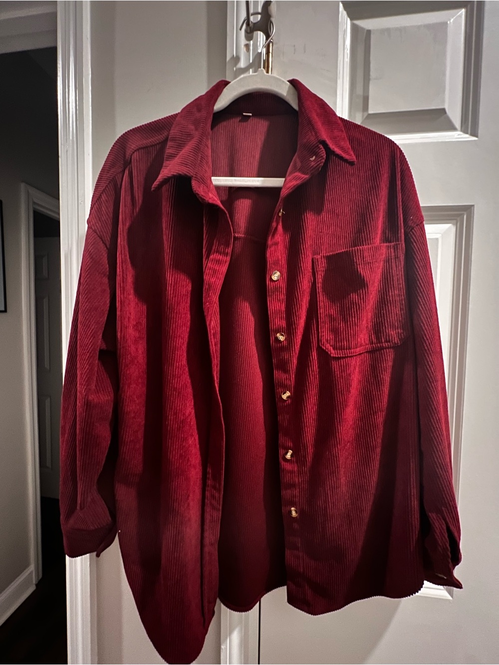 Corduroy Button-Up Shirt Jacket in Deep Red